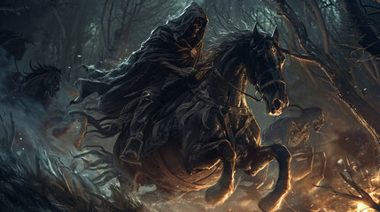 Fantasy horseman in a hood fighting zombies in dark  - obrazy, fototapety, plakaty