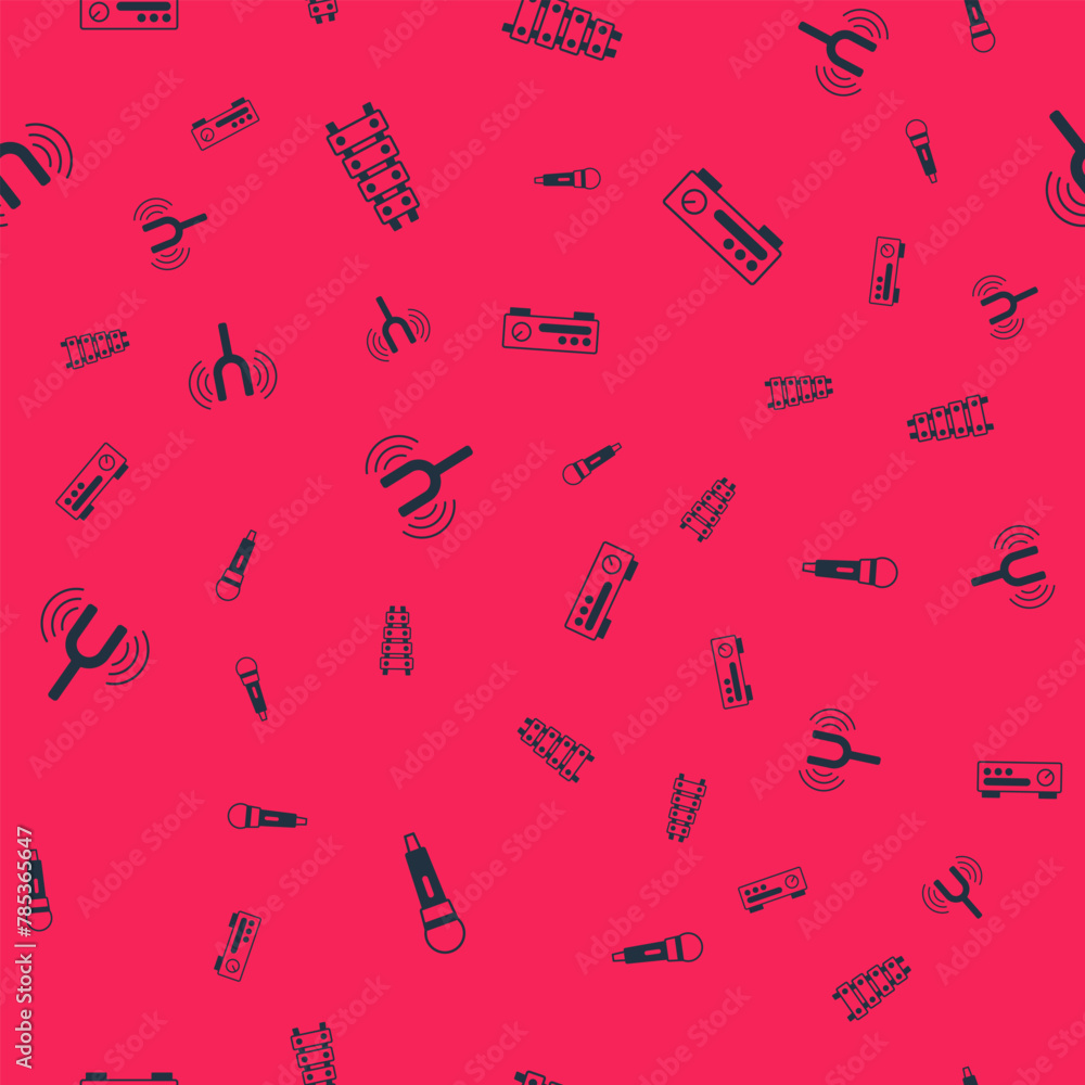 Poster set microphone, xylophone, musical tuning fork and sound mixer controller on seamless pattern. vecto