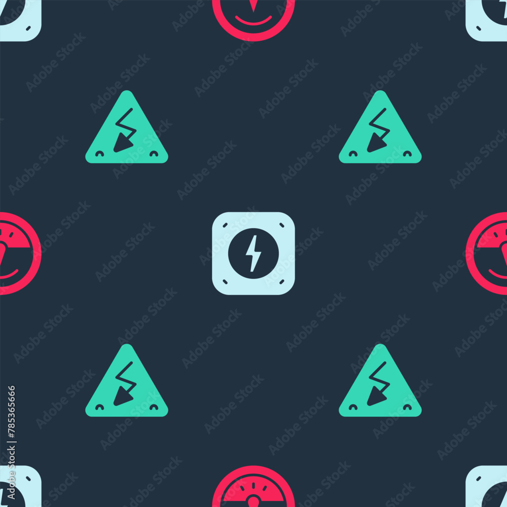 Sticker set electric meter, lightning bolt and high voltage on seamless pattern. vector