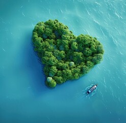 island in shape of heart with boat on it, aerial view, blue water, green trees