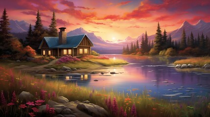 A serene lakeside cabin enveloped in the golden glow of sunrise, the vibrant colors of dawn reflected in the calm waters stretching out before it. - obrazy, fototapety, plakaty