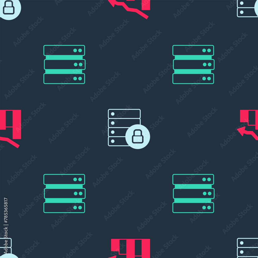 Poster set financial growth decrease, server security with padlock and on seamless pattern. vector