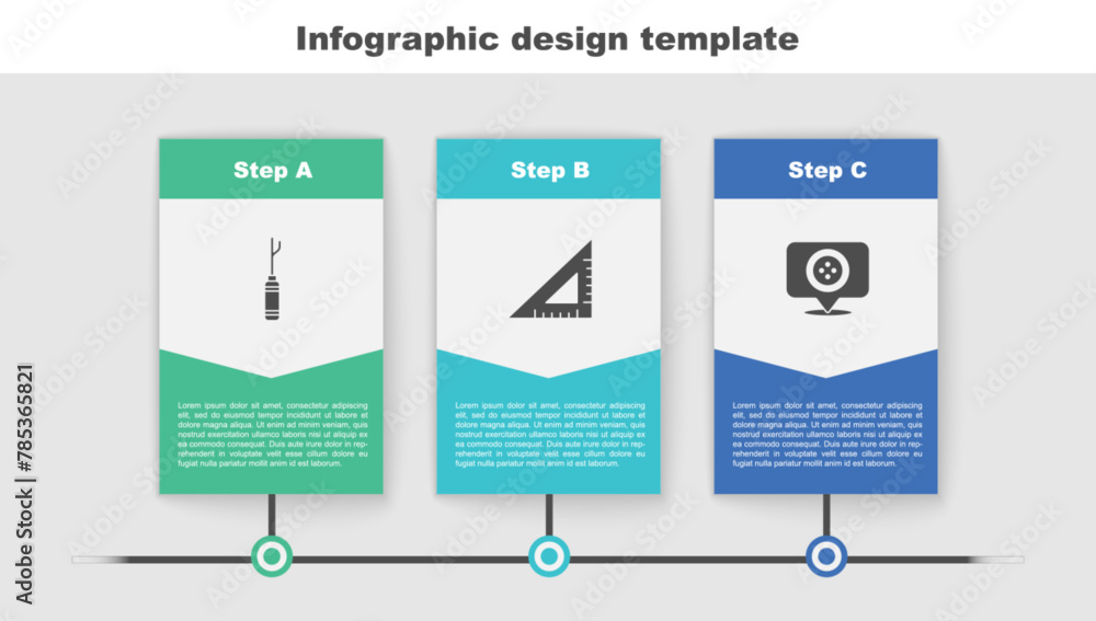 Poster set awl tool, triangular ruler and location tailor shop. business infographic template. vector