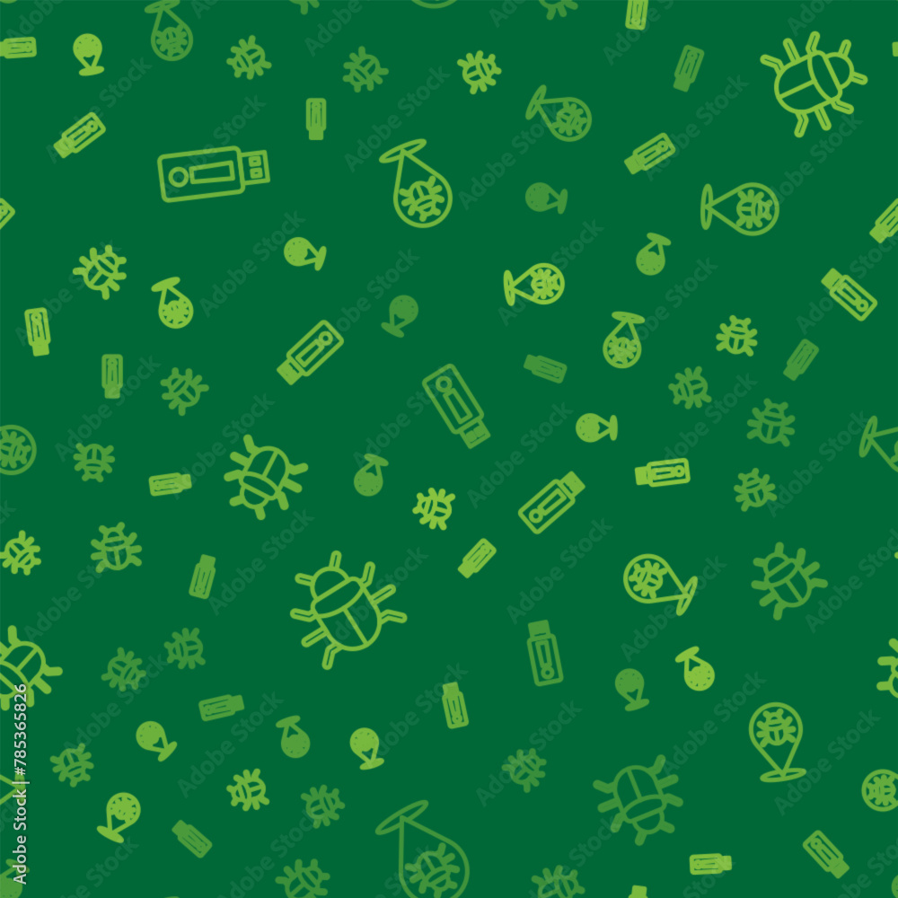 Poster set line usb flash drive, system bug and on seamless pattern. vector