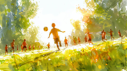 Painted picture with children playing football in the park