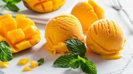 Fresh Mango Sherbet Ice Cream on White Background - Tropical Dessert Photography for Summer Menus and Refreshing Snack Ideas, Vibrant Fruit Studio Shot for Juicy Organic Treats and Homemade Gourmet Re