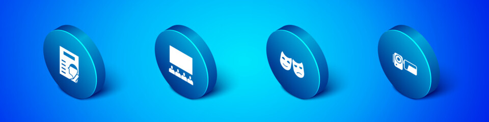 Set Isometric Cinema poster, Comedy and tragedy masks, camera and auditorium with screen icon. Vector