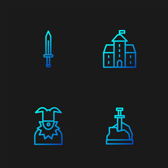 Set line Sword in the stone, Joker head, Medieval sword and Castle, fortress. Gradient color icons. Vector