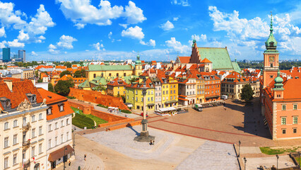 Naklejka na ściany i meble Cityscape - top view of Castle Square with Sigismund's Column in the Old Town of Warsaw, Poland