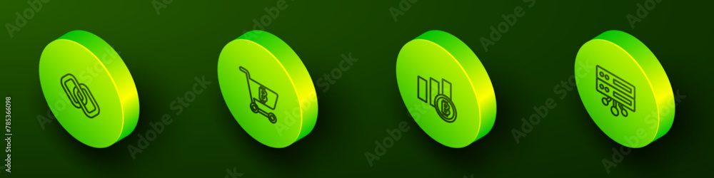 Poster set isometric line chain link, shopping cart with bitcoin, pie chart infographic and server icon. ve