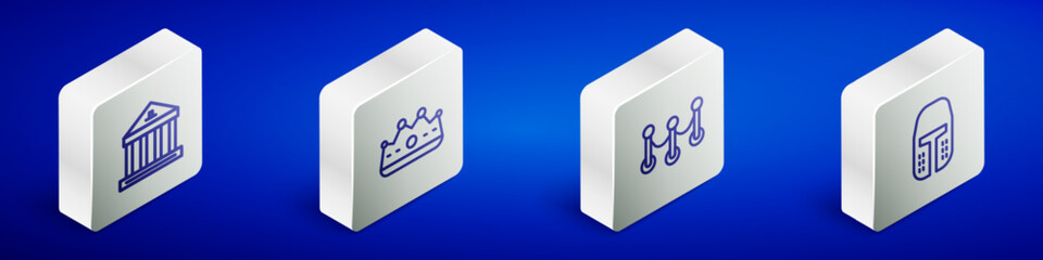 Set Isometric line Museum building, King crown, Rope barrier and Medieval iron helmet icon. Vector