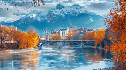 Isere river in Grenoble city skyline Auvergne-Rhone - obrazy, fototapety, plakaty