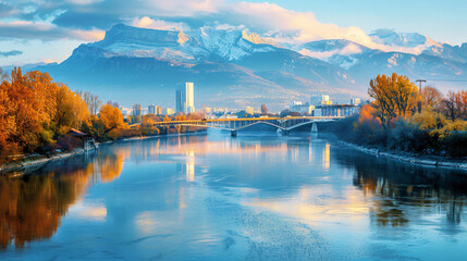 Isere river in Grenoble city skyline Auvergne-Rhone