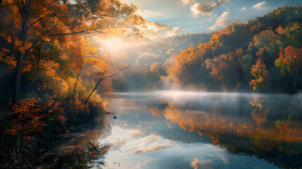 Fototapeta na wymiar Autumnal Splendor at Ohio State Park - Morning Mist over Tranquil Lake and Lush Foliage