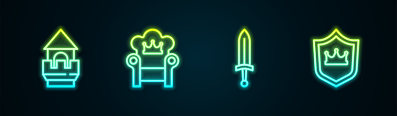 Set line Castle tower, Medieval throne, sword and Shield with crown. Glowing neon icon. Vector