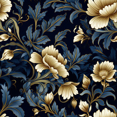 Seamless floral pattern. Realistic golden flowers. On a blue background.