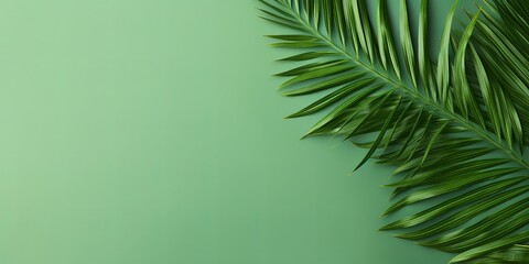 Fototapeta na wymiar Palm leaf on a green background with copy space for text or design. A flat lay, top view. A summer vacation concept 