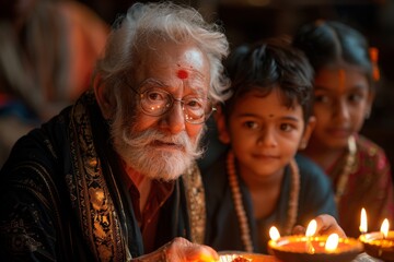 Elder Sharing Diwali Legends with Grandchildren in a Cozy Indoor Setting, Evoking Emotions and Cultural Heritage.