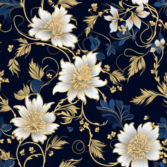 Seamless floral pattern. Realistic golden flowers. On a blue background.