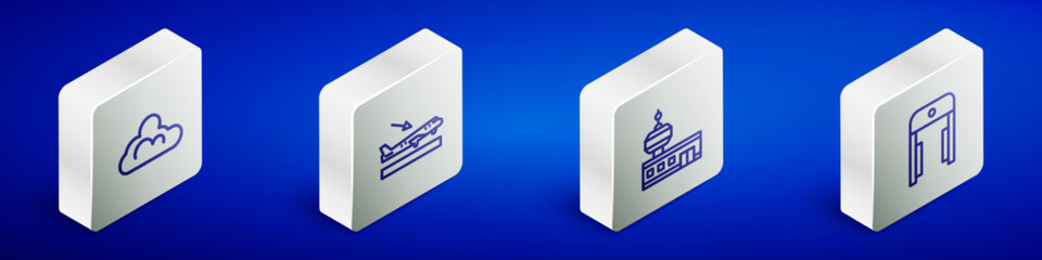 Set Isometric line Cloud weather, Plane landing, Airport control tower and Metal detector airport icon. Vector