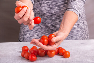 Freshly harvested tomatoes in hands. Woman holding cherry tomatoes, closeup with selective focus