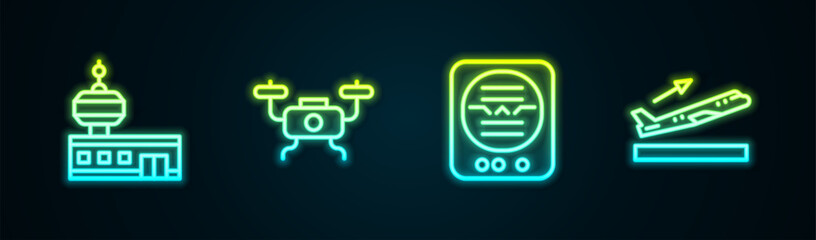 Set line Airport control tower, Drone flying, Attitude indicator and Plane takeoff. Glowing neon icon. Vector