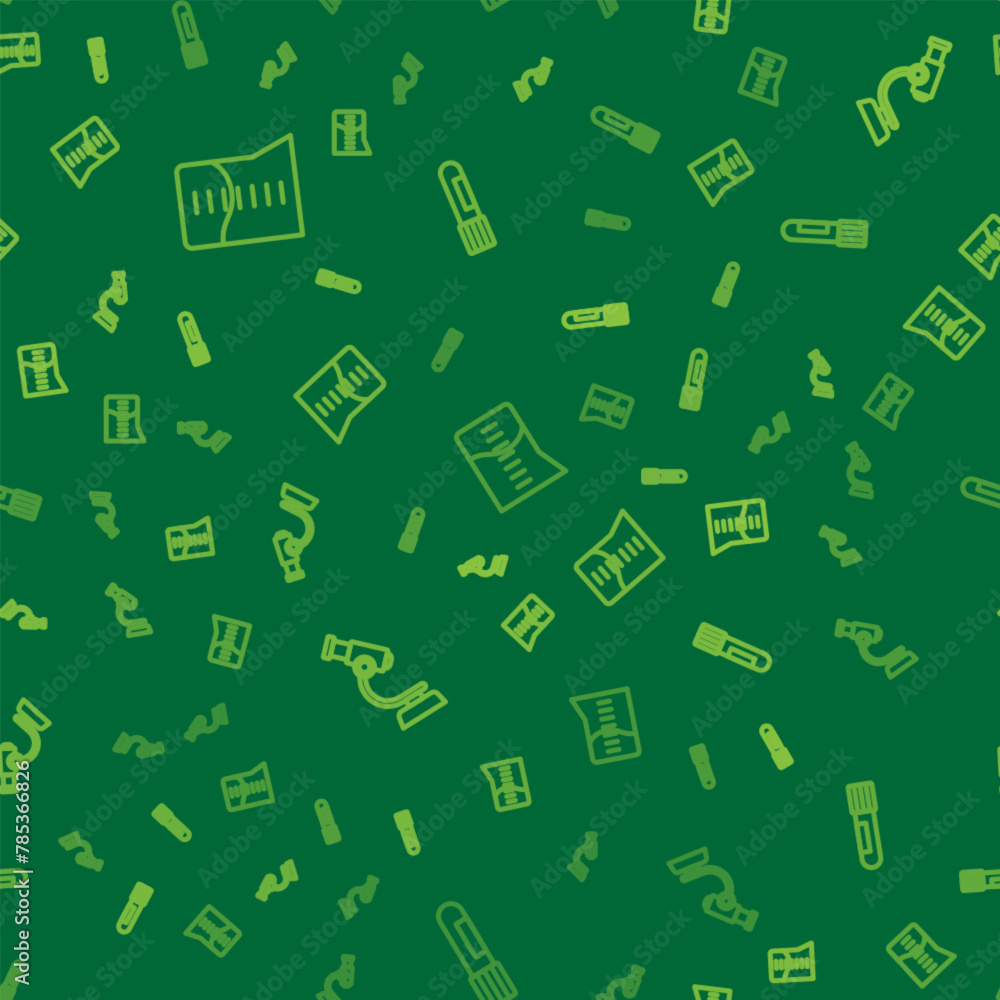 Poster set line laboratory glassware or beaker, microscope and test tube and flask on seamless pattern. vec