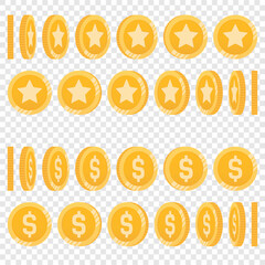 Gold coin set at different rotation angles for animation. Cartoon vector icons of spinning coins with a star or dollar sign. Isometric set of prizes or bonus points. Money flip and rotate animation.