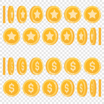 Gold coin set at different rotation angles for animation. Cartoon vector icons of spinning coins with a star or dollar sign. Isometric set of prizes or bonus points. Money flip and rotate animation.