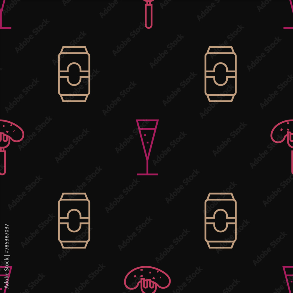 Poster set line pickled cucumber on a fork, beer can and glass of champagne on seamless pattern. vector