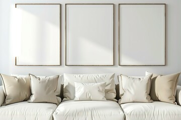 Frame Mockup Wall. Mockup frame in farmhouse living room interior. Interior mockup with rectangular vertical frame hanging on a white textured wall mockup house background.