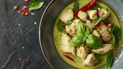 A closeup of a bowl of Thai green curry, with chunks of chicken and Thai basil, the colors lively and realistic, set against an uncluttered background
