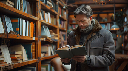 Young man choosing book on shelf in home library