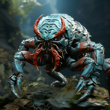3D rendering of a fantasy alien creature with horns and armor.