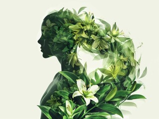 Human silhouette with a cascade of lilies growing from within, symbolizing rebirth - obrazy, fototapety, plakaty