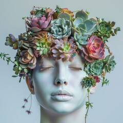 Human visage with a crown of succulents, embodying desert resilience