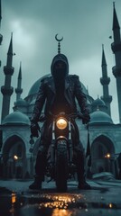 Fototapeta premium A man on a motorcycle in front of a mosque.
