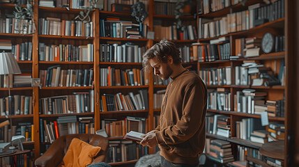 Young man choosing book on shelf in home library