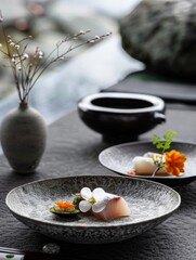 Obraz na płótnie Canvas Japanese kaiseki meal, seasonal delicacies, minimalist presentation, Zen ambiance