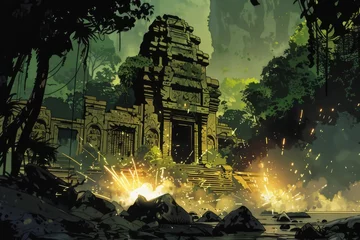 Foto op Canvas Jungle adventure, 70s comic style, ancient temple explosion, treasure hunters © kitinut