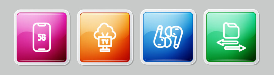 Set line Mobile with 5G, Smart Tv, Air headphones and Transfer files. Colorful square button. Vector