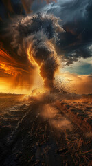 A large tornado is blowing through a field with a storm in the background. The sky is dark and the sun is setting