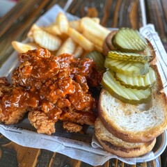 Nashville hot chicken, pickle slices, white bread, fiery sauce