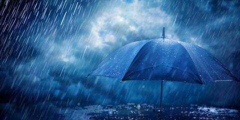 Blue umbrella in the rain - obrazy, fototapety, plakaty