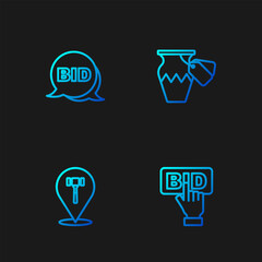 Set line Bid, Auction hammer, and ancient vase. Gradient color icons. Vector