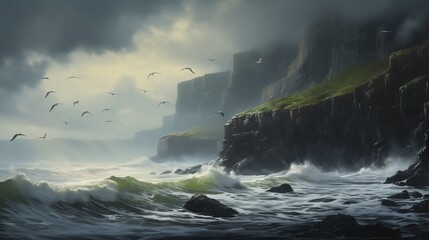 A dramatic ocean panorama showcasing towering cliffs rising from the tumultuous waves, their rugged surfaces sculpted by centuries of erosion, while seabirds circle above and a stormy sky brews.