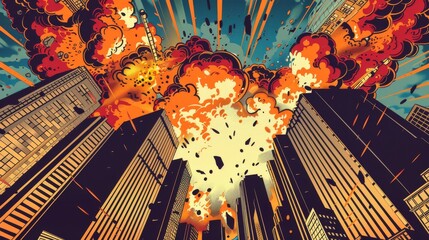 Oldschool superhero comic, 70s style epic battle, city explosion backdrop