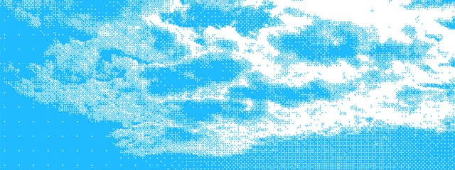 Monochrome blue clouds in the sky with halftone raster effect and dot texture. Dramatic stormy sky. Smoke or fog in pop art or comics style. Retro vector BG