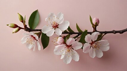 Top view pink blossom at sunlight in minimal style on pastel pink background. Natural cherry blossom branch with new spring flowers.