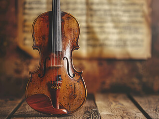 A violin is sitting on a wooden table with a sheet of music in the background. The instrument is...